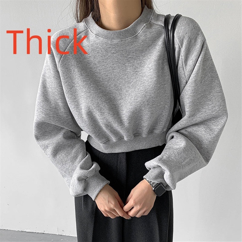 Round Neck Waist Trimming High Waist Short Sweatshirt