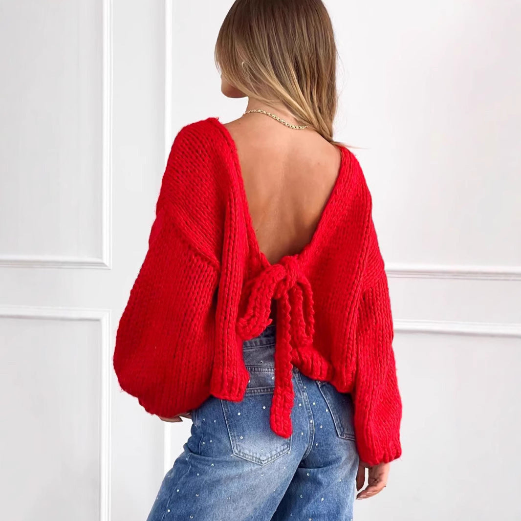 Short Thick Needle Bow Bandage Reverse Cardigan Jacket
