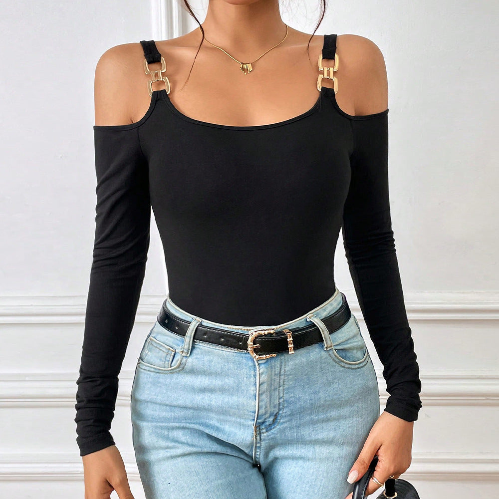 Off-Shoulder Metal Hook Long-Sleeved Top