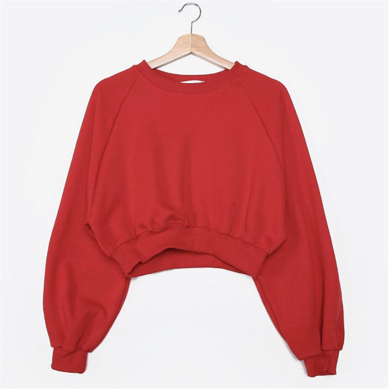 Round Neck Waist Trimming High Waist Short Sweatshirt