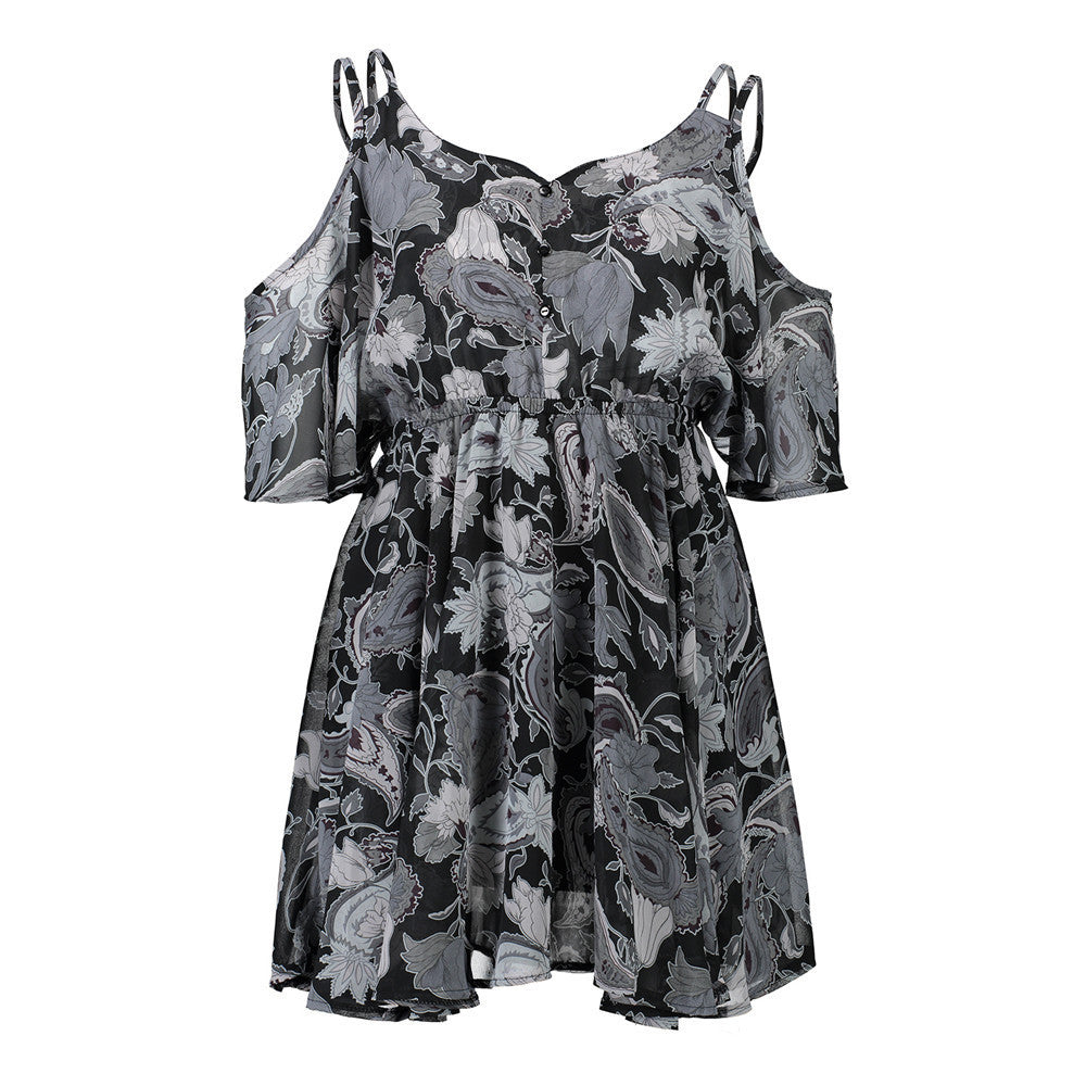 Spaghetti Strap V-neck Printed Loose Chiffon Dress