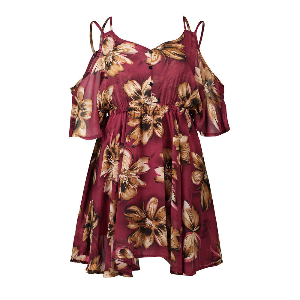 Spaghetti Strap V-neck Printed Loose Chiffon Dress