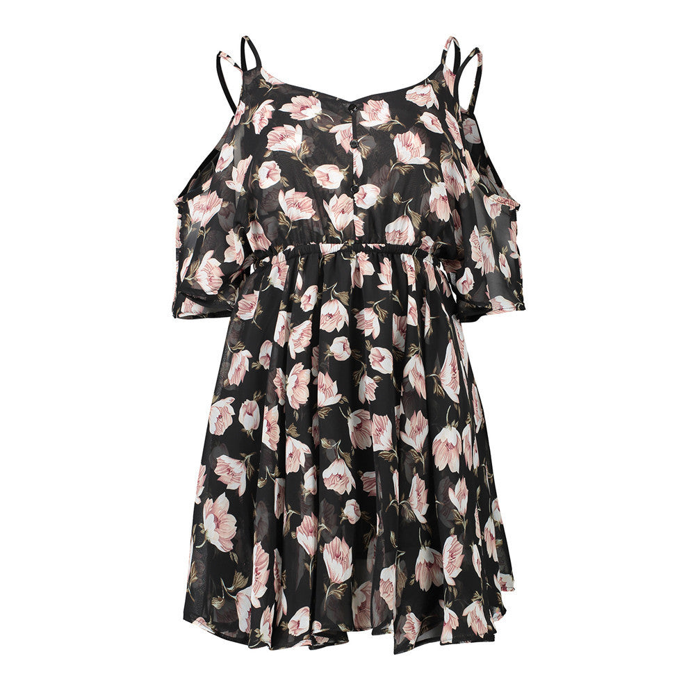 Spaghetti Strap V-neck Printed Loose Chiffon Dress