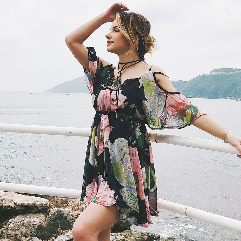 Spaghetti Strap V-neck Printed Loose Chiffon Dress