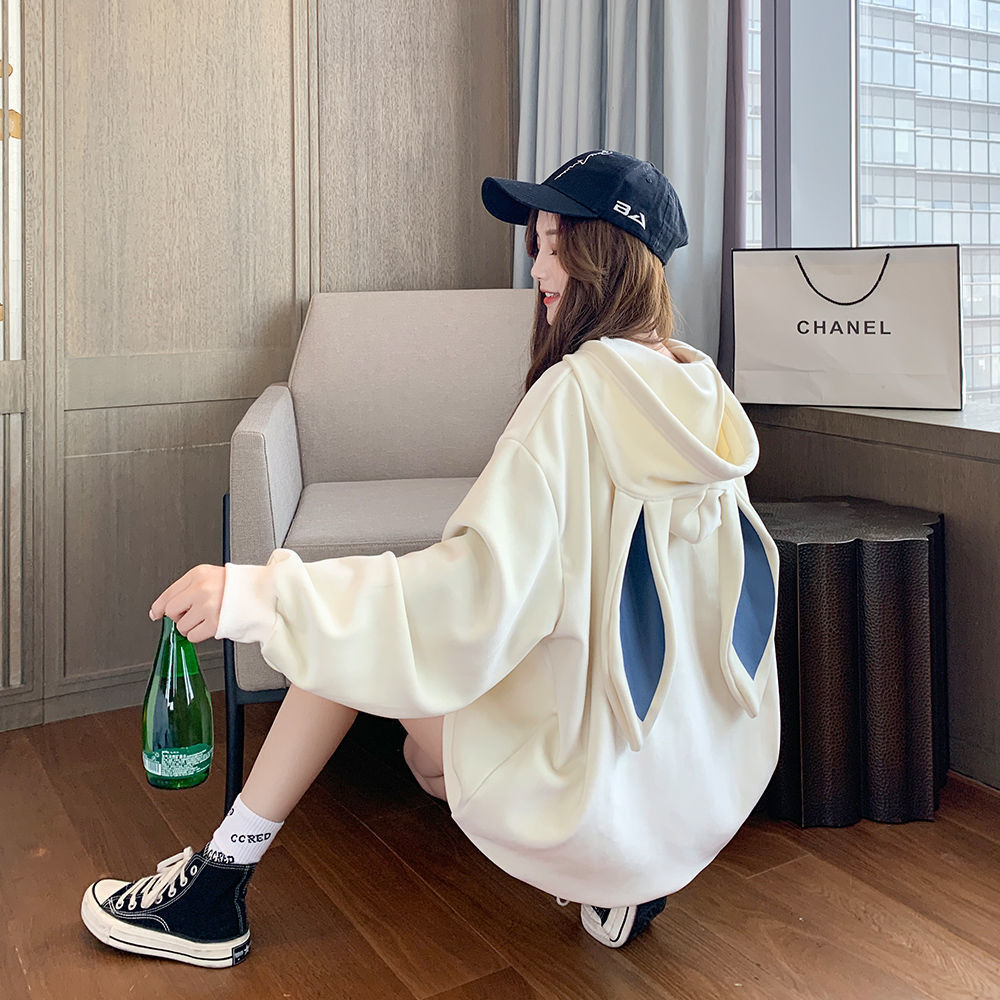 Preppy Style Rabbit Ears Plus Velvet Thick Hoodies