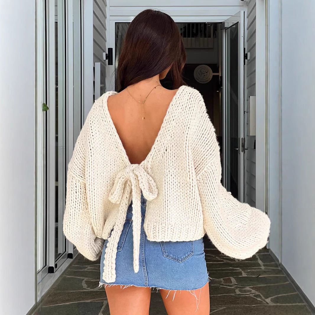 Short Thick Needle Bow Bandage Reverse Cardigan Jacket