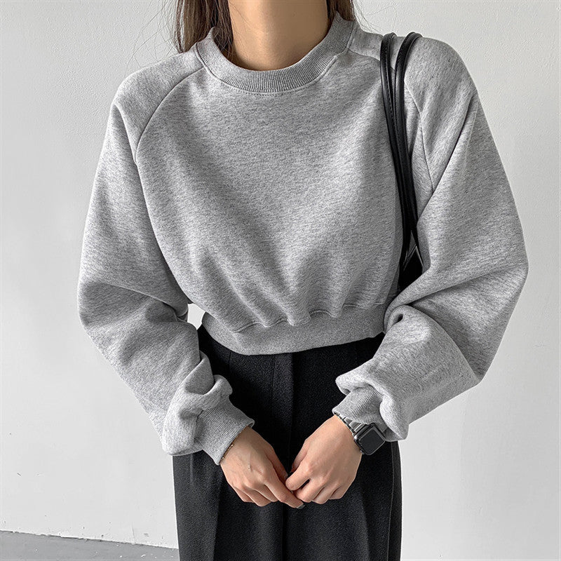 Round Neck Waist Trimming High Waist Short Sweatshirt