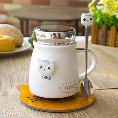 Ceramic cup with lid spoon cute coffee drinking cup