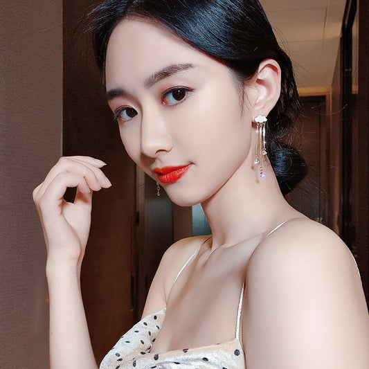 925 Silver Needle Ins Fashion Sweet Girly Temperament Cloud Rhinestone Earrings Tassel Long Earrings Female All-match Earrings