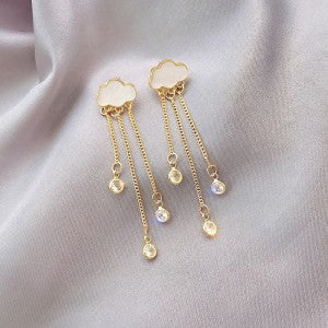 925 Silver Needle Ins Fashion Sweet Girly Temperament Cloud Rhinestone Earrings Tassel Long Earrings Female All-match Earrings