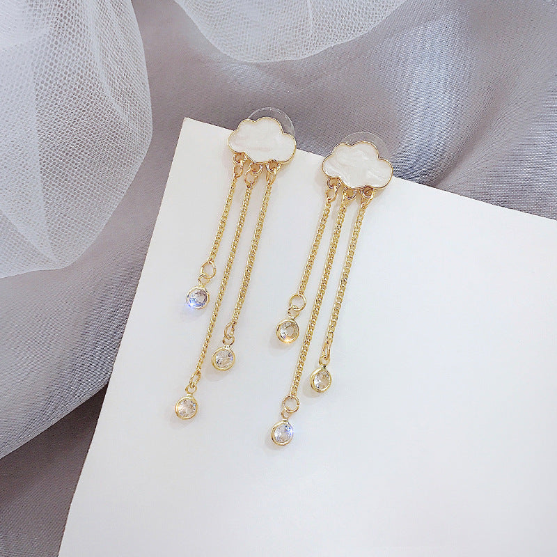 925 Silver Needle Ins Fashion Sweet Girly Temperament Cloud Rhinestone Earrings Tassel Long Earrings Female All-match Earrings
