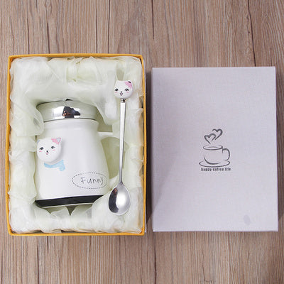 Ceramic cup with lid spoon cute coffee drinking cup