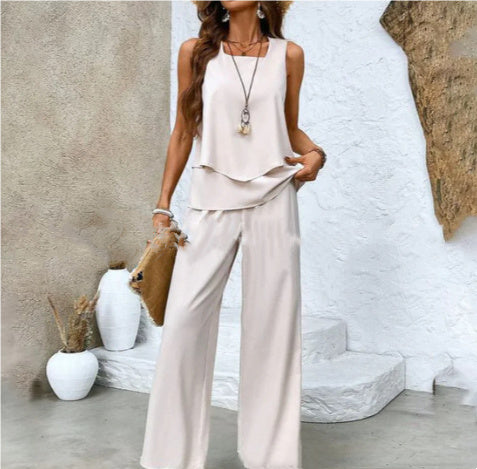 Double-layer Vest And Loose Straight Pants Womens