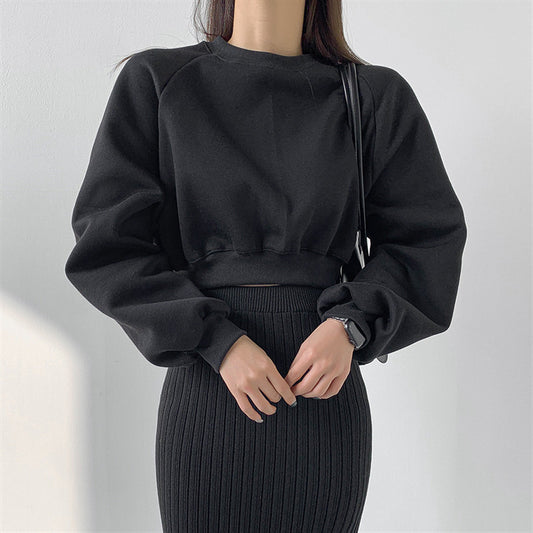 Round Neck Waist Trimming High Waist Short Sweatshirt