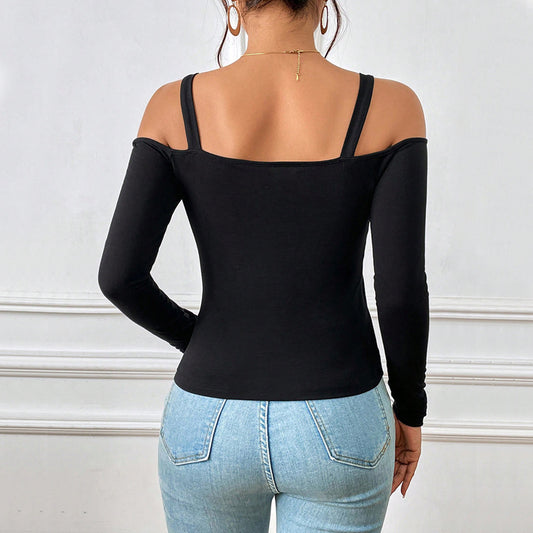 Off-Shoulder Metal Hook Long-Sleeved Top