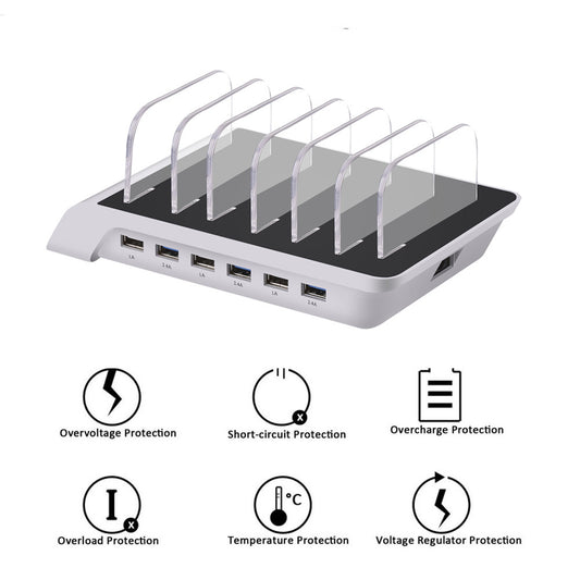 6-Port 60W USB Charger with QC 3.0 Smart IC Tech Fast Charger for iPhone 8/7/6s/Plus Samsung Xiaomi