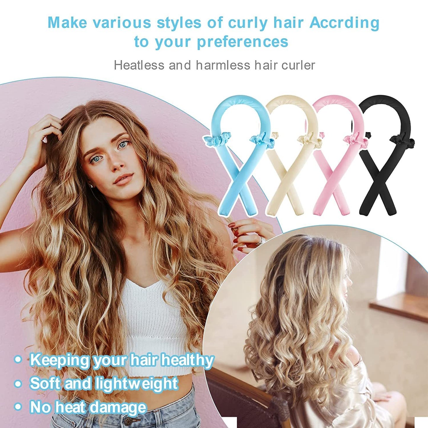 Heatless Curling Rod Headband, No Heat silk curlers hair rollers for long hair and you can sleep in soft foam hair curlers curling rods overnight, curling ribbon and flexible rods for natural hair