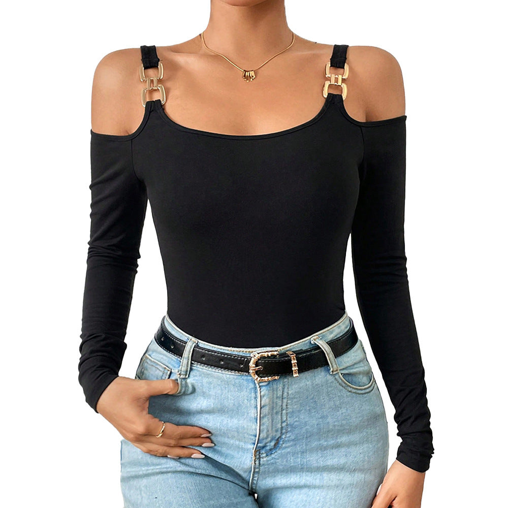 Off-Shoulder Metal Hook Long-Sleeved Top