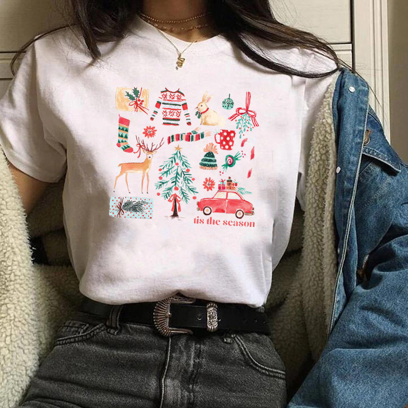 Christmas Fashion Printed Short Sleeve Tops For Women