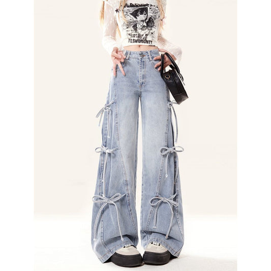 Wide-leg Bow Bandage Jeans For Women
