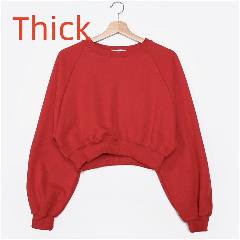 Round Neck Waist Trimming High Waist Short Sweatshirt