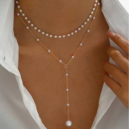European And American Cross-Border Jewelry, Fashionable New Pearl Necklace, Female Personalized Y-Shaped Pearl Tassel Stacked Clavicle Chain Necklace