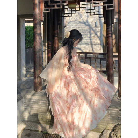 Temperament Heavy Industry Smudged Print Waist Slimming Ruffled Suspender Dress Women's Summer + Fairy Cardigan Suit