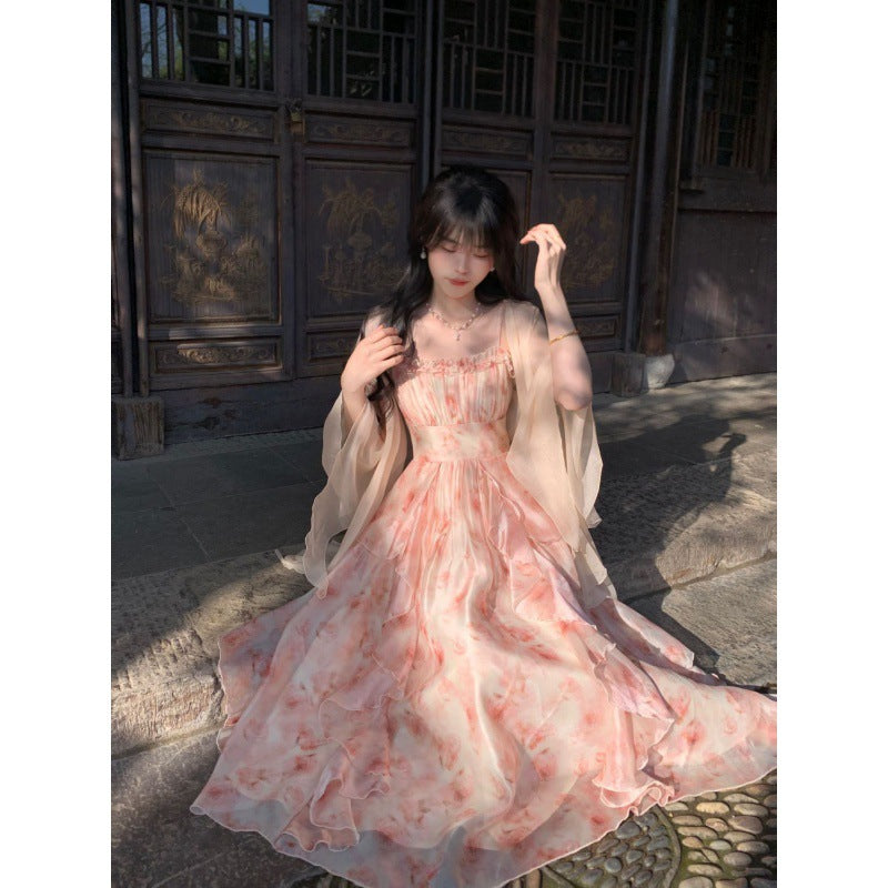 Temperament Heavy Industry Smudged Print Waist Slimming Ruffled Suspender Dress Women's Summer + Fairy Cardigan Suit