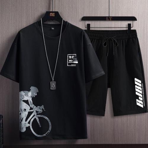 Summer Casual Suit Men's Ultra-thin Quick-drying Ice Silk Short-sleeved T-shirt Sports Shorts Running Two-piece Suit