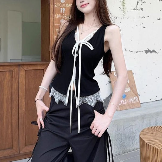 Camisole Vest Outer Wear Black Two-piece Sleeveless Top
