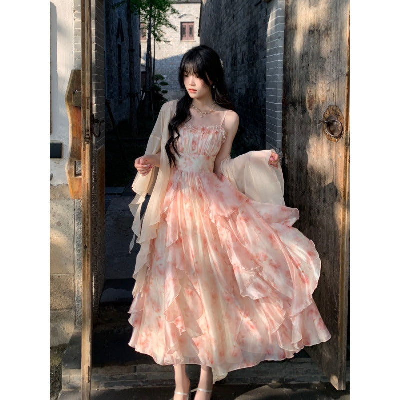 Temperament Heavy Industry Smudged Print Waist Slimming Ruffled Suspender Dress Women's Summer + Fairy Cardigan Suit