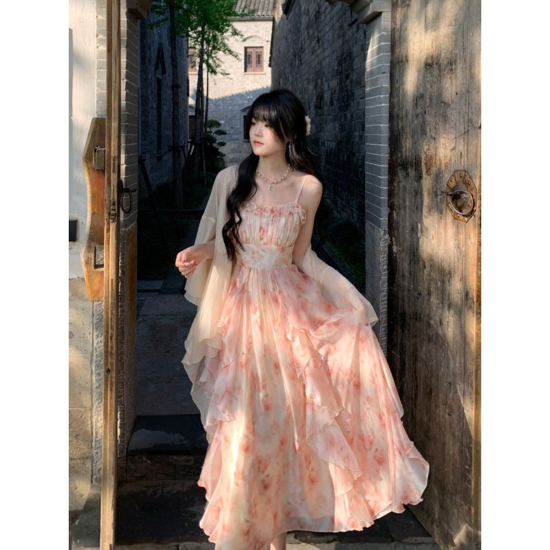 Temperament Heavy Industry Smudged Print Waist Slimming Ruffled Suspender Dress Women's Summer + Fairy Cardigan Suit