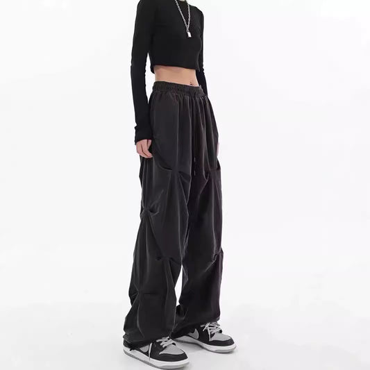 Spring And Summer Clothing Design Pleated Casual Men's And Women's Ins High Street Fashion Brand Drawstring Mop Straight Wide-leg Long Trousers