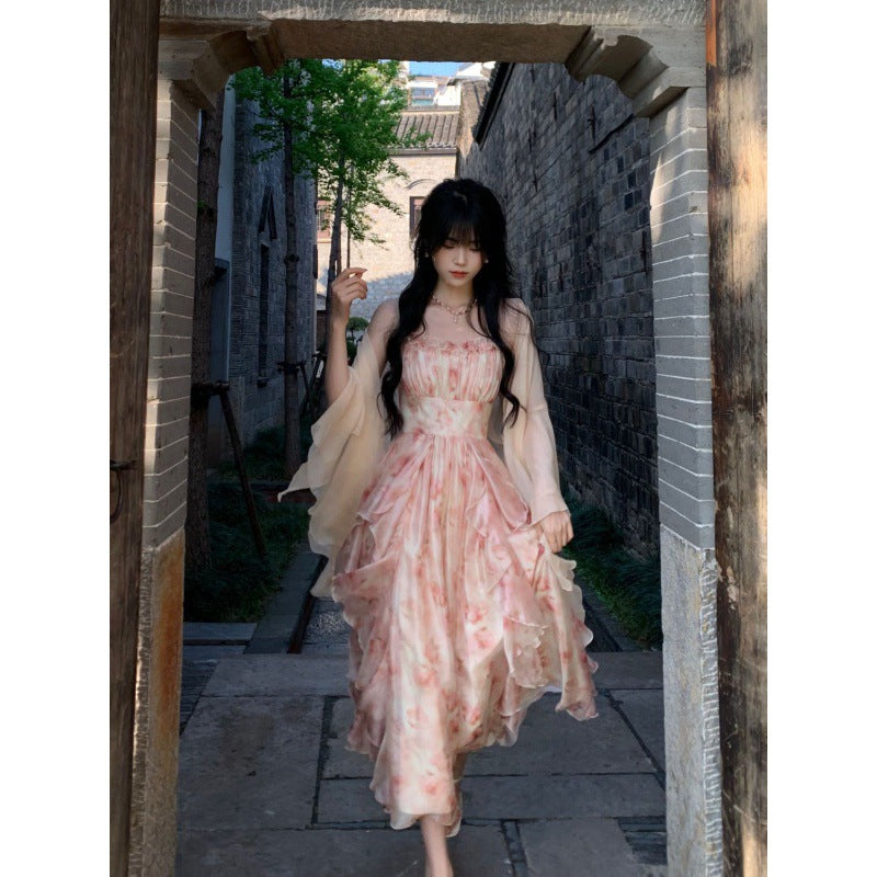 Temperament Heavy Industry Smudged Print Waist Slimming Ruffled Suspender Dress Women's Summer + Fairy Cardigan Suit