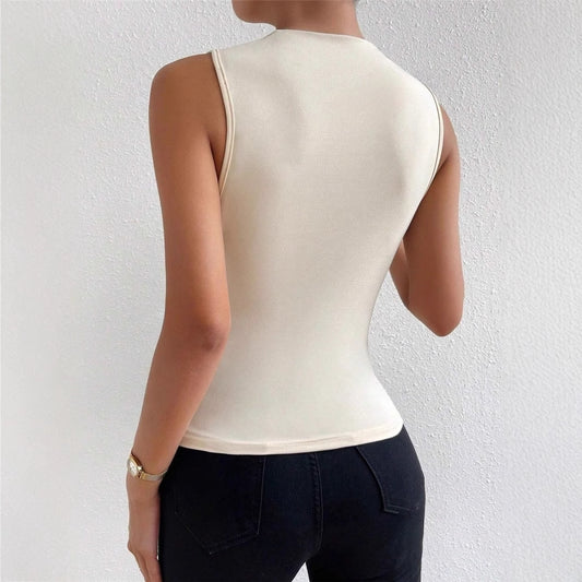 Cross-border European And American Women's 2024 Spring And Summer New Fashion All-match Solid Color Pleated Sleeveless Pullover Half-high Collar T-shirt