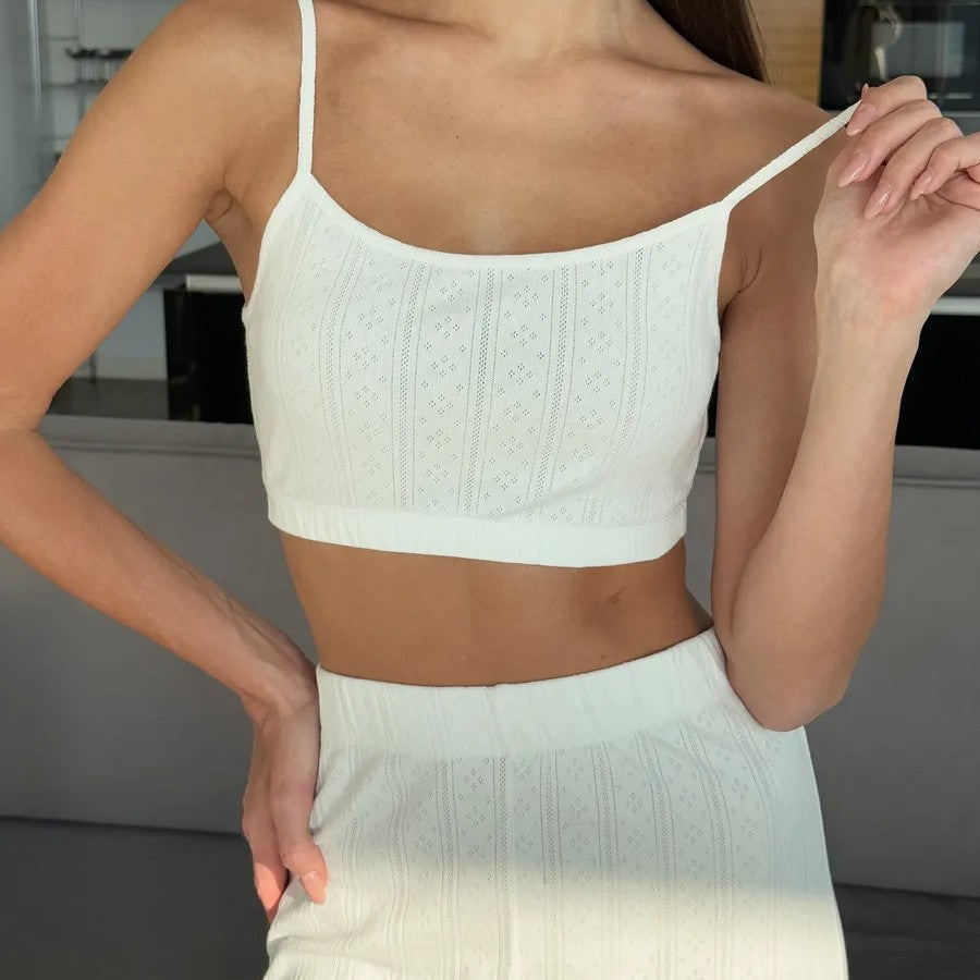 Cropped Knitted Cotton Jacquard Long-sleeved Trousers Cardigan Three-piece Set
