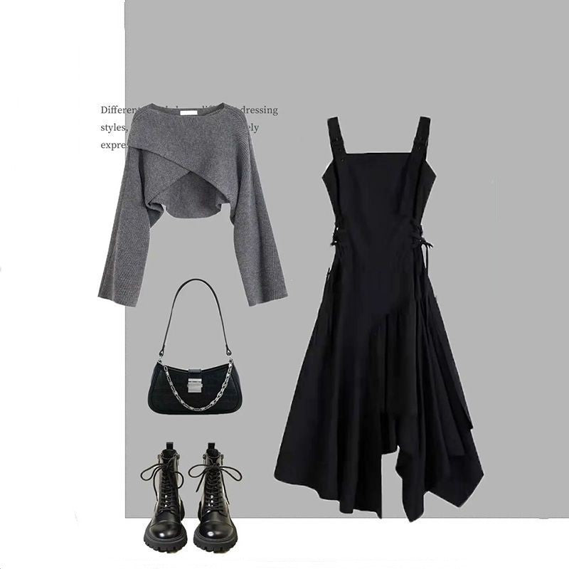 New Gray Senior Sense Of Sweater Dresses Two-piece Suit