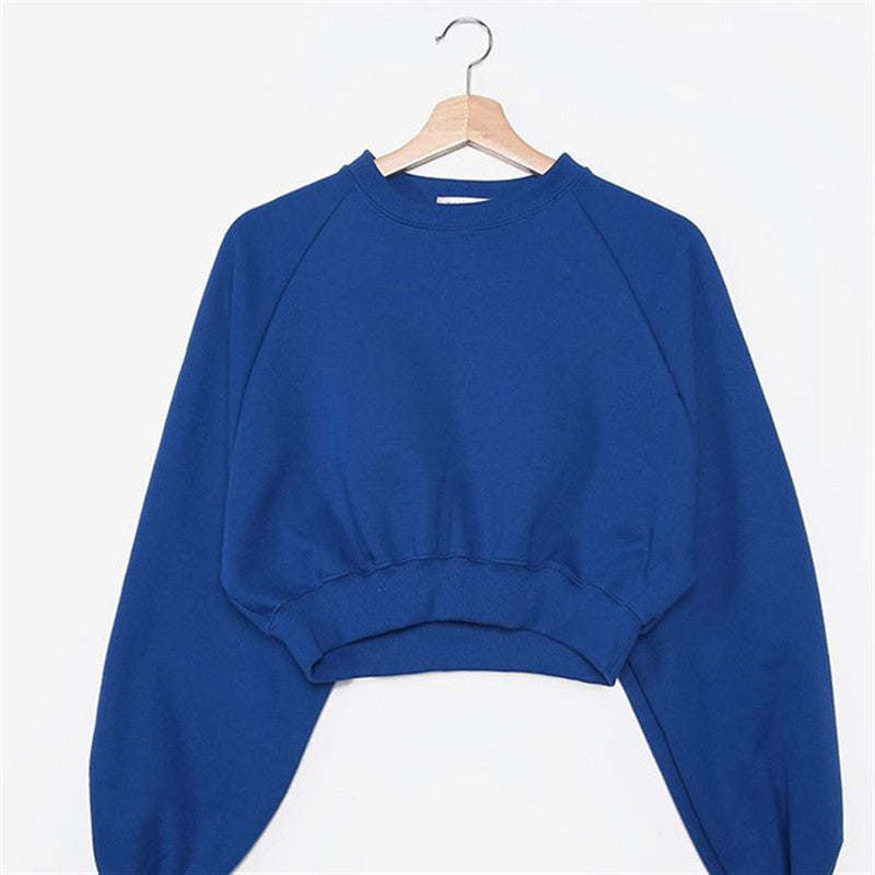 Round Neck Waist Trimming High Waist Short Sweatshirt