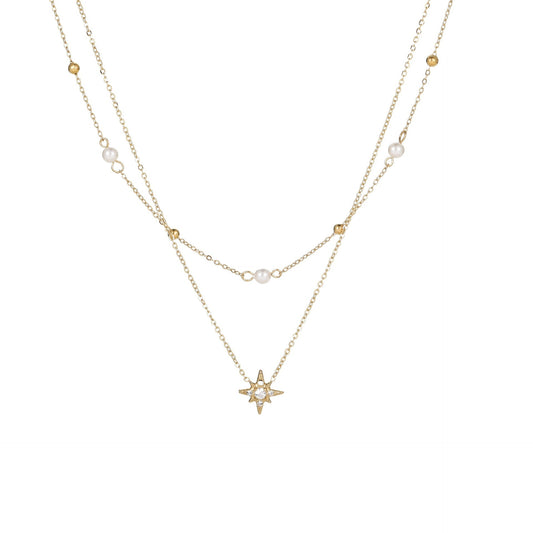 Double-layer Six-pointed Star Rhinestone Pearl Stainless Steel Necklace 18K Gold Plating Ins Design Sense