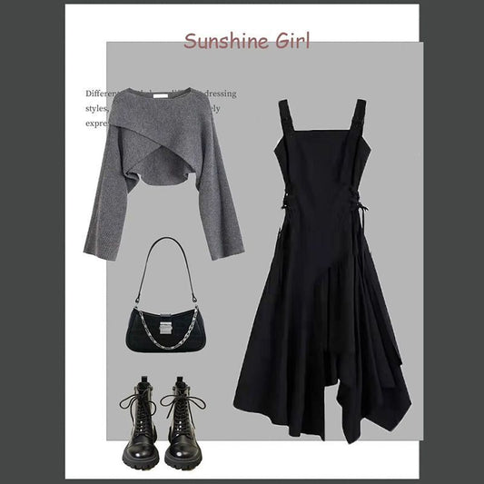 New Gray Senior Sense Of Sweater Dresses Two-piece Suit