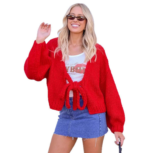 Short Thick Needle Bow Bandage Reverse Cardigan Jacket