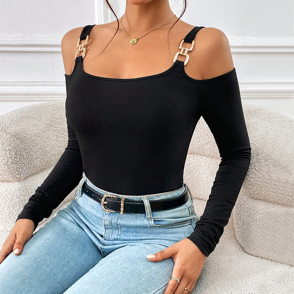 Off-Shoulder Metal Hook Long-Sleeved Top