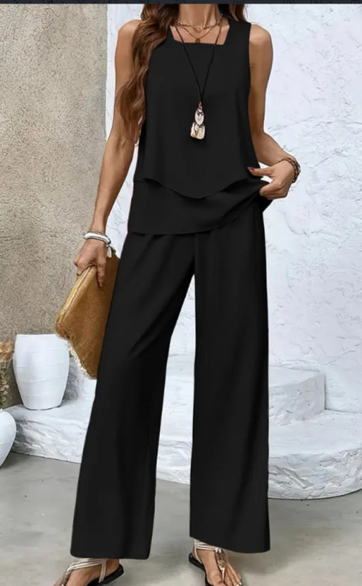 Double-layer Vest And Loose Straight Pants Womens