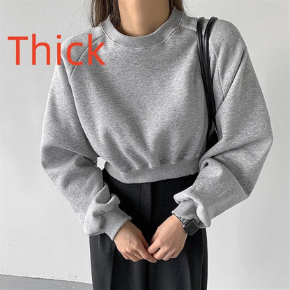 Round Neck Waist Trimming High Waist Short Sweatshirt