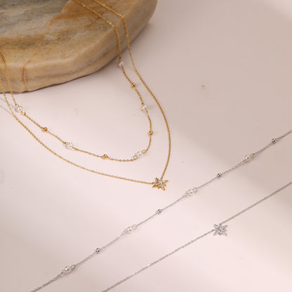 Double-layer Six-pointed Star Rhinestone Pearl Stainless Steel Necklace 18K Gold Plating Ins Design Sense