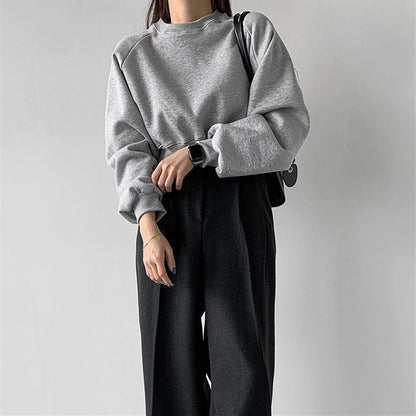 Round Neck Waist Trimming High Waist Short Sweatshirt