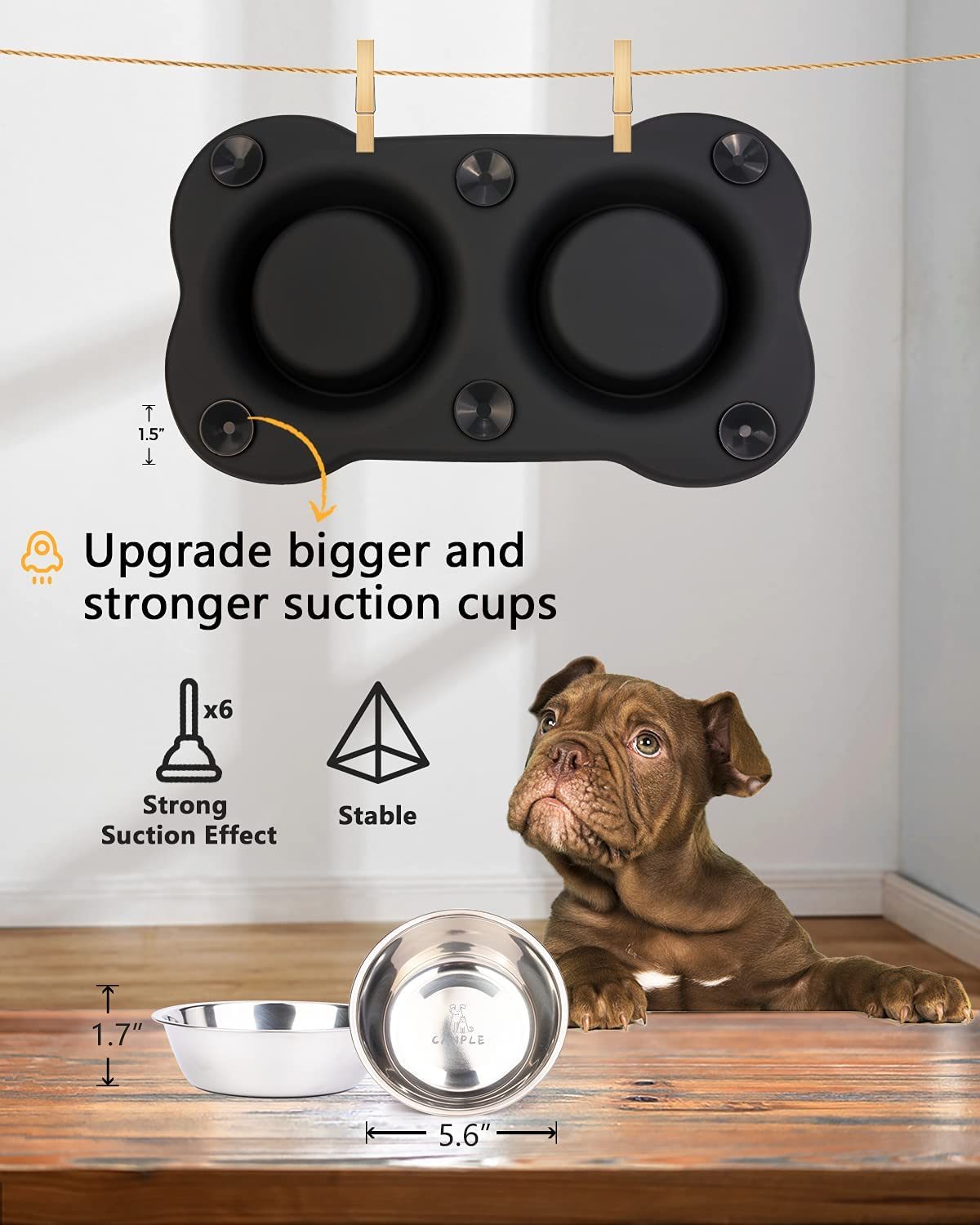 Dog Bowl Stainless Steel Dog Bowls Food Water Pet Feeder with No Spill Non-Skid [Strong Suction Cup] Silicone Mat Waterproof for Pets Small Medium Large Dogs