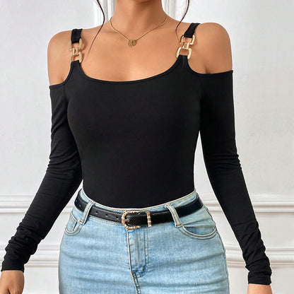 Off-Shoulder Metal Hook Long-Sleeved Top