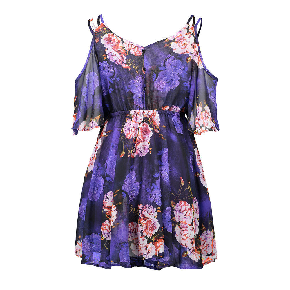 Spaghetti Strap V-neck Printed Loose Chiffon Dress