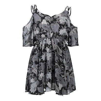 Spaghetti Strap V-neck Printed Loose Chiffon Dress